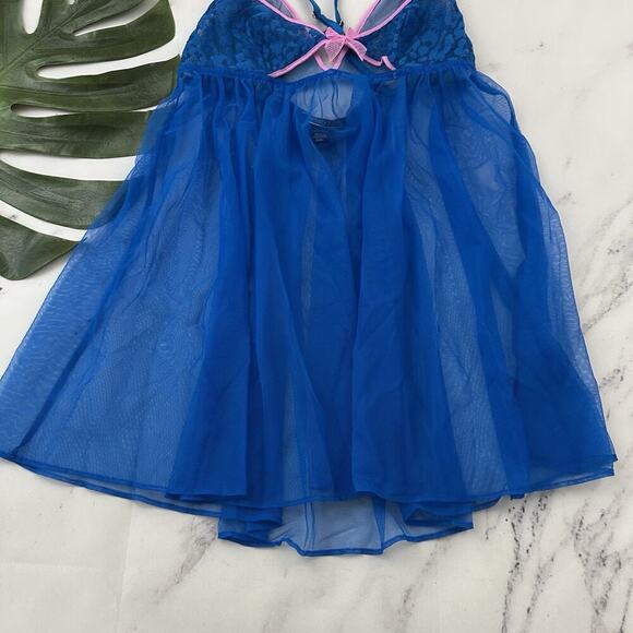 Victorias Secret Babydoll Negligee Top size M Blue Pink Lace Sheer Mesh - Picture 3 of 9